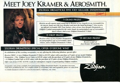 1992 small Print Ad of Zildjian Drumstick Contest w Joey Kramer & Aerosmith