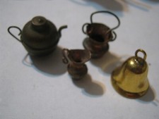 Four Different Copper Doll House 3/4" Miniatures, Kettle, Pitcher, Pail Bell