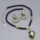 Vintage 1928 Pendant Necklace Post Earrings Set Black Cloisonne Style Gold Tone