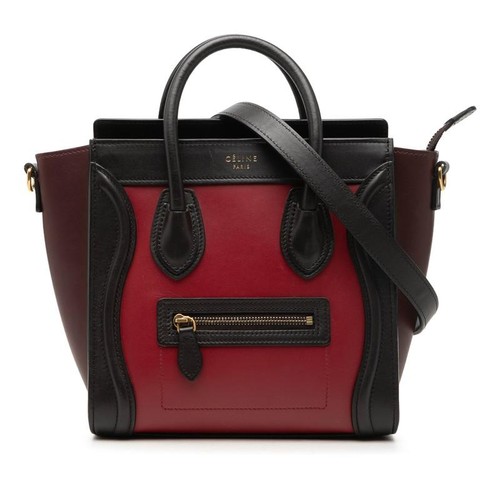 Celine Luggage Nano Shopper Handbag Shoulder Bag 2WAY Brown Bordeaux Red Leather