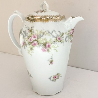 Antique Chocolate Pot Porcelain Zeh, Scherzer Bavaria Germany Mignon Pink Roses