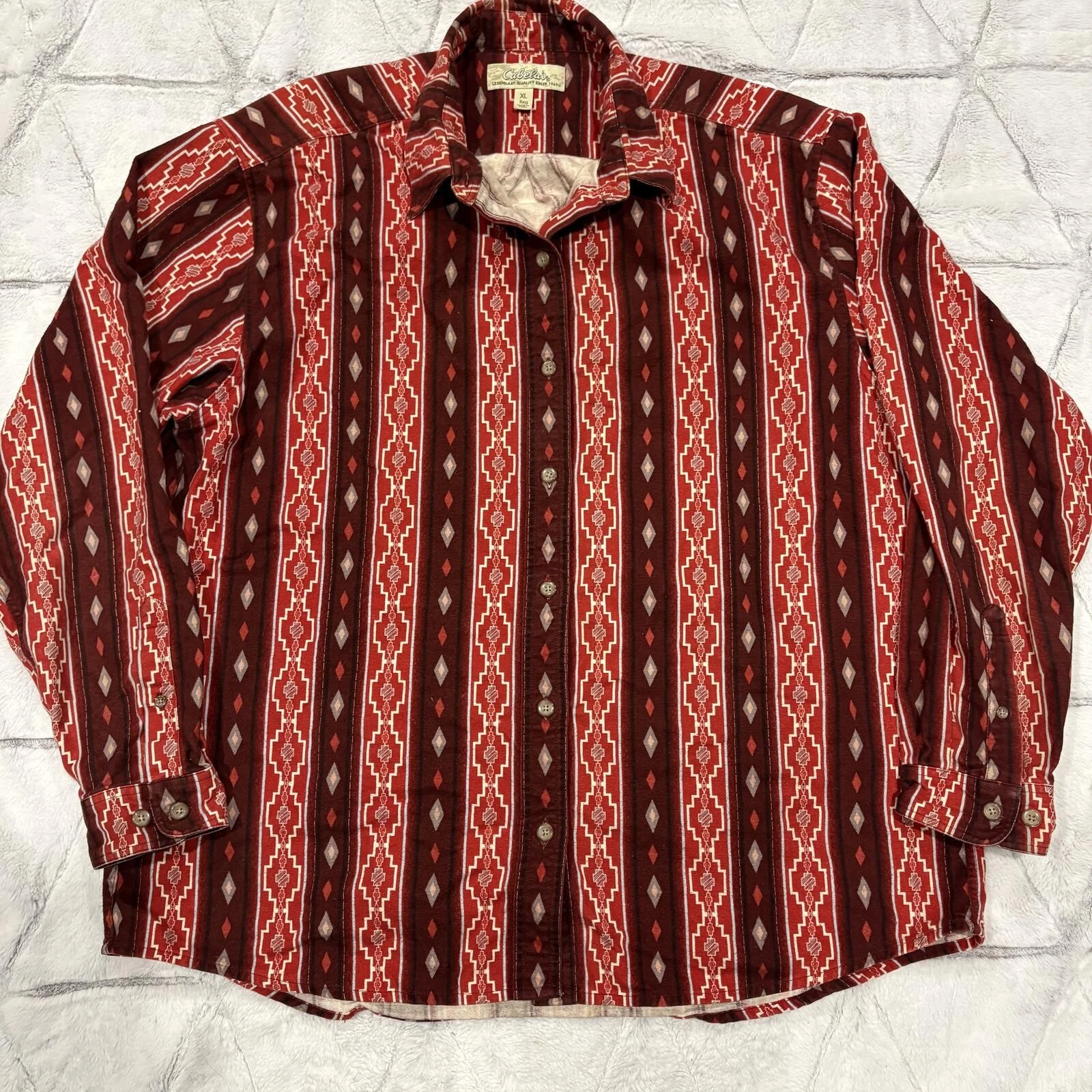 Cabela's Bold Western Men's XL Red Brown Geometric Pattern Cotton Flannel Shirt