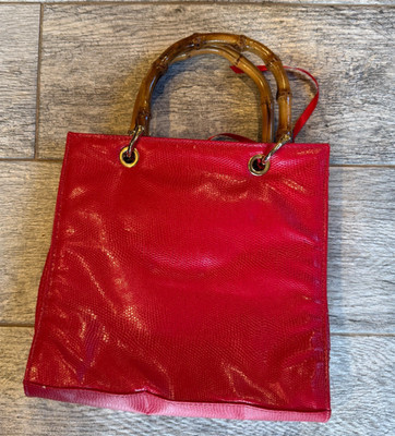 Giorgio Beverly Hills Hand Bag Red Faux Leather Bamboo Straps Christmas Purse