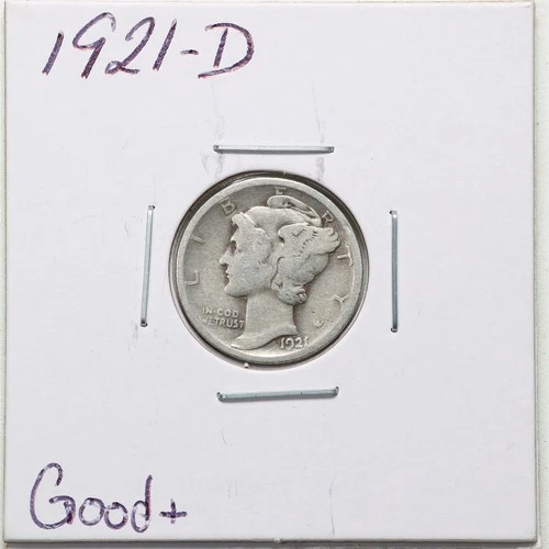 1921-D 10C Mercury Winged Liberty Silver Dime in Good+ Condition #6236