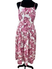 Old Navy Linen Blend Dress XL Waist Defined Midi Floral Cottage Pockets Pink