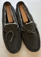 Minnetonka Women  s Gray Suede Faux Fur Moccasin Slippers Size 8W