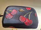 NWT Coach Pouch Wristlet Clutch Bag Cherry Print Black Smooth Leather CDF01 New