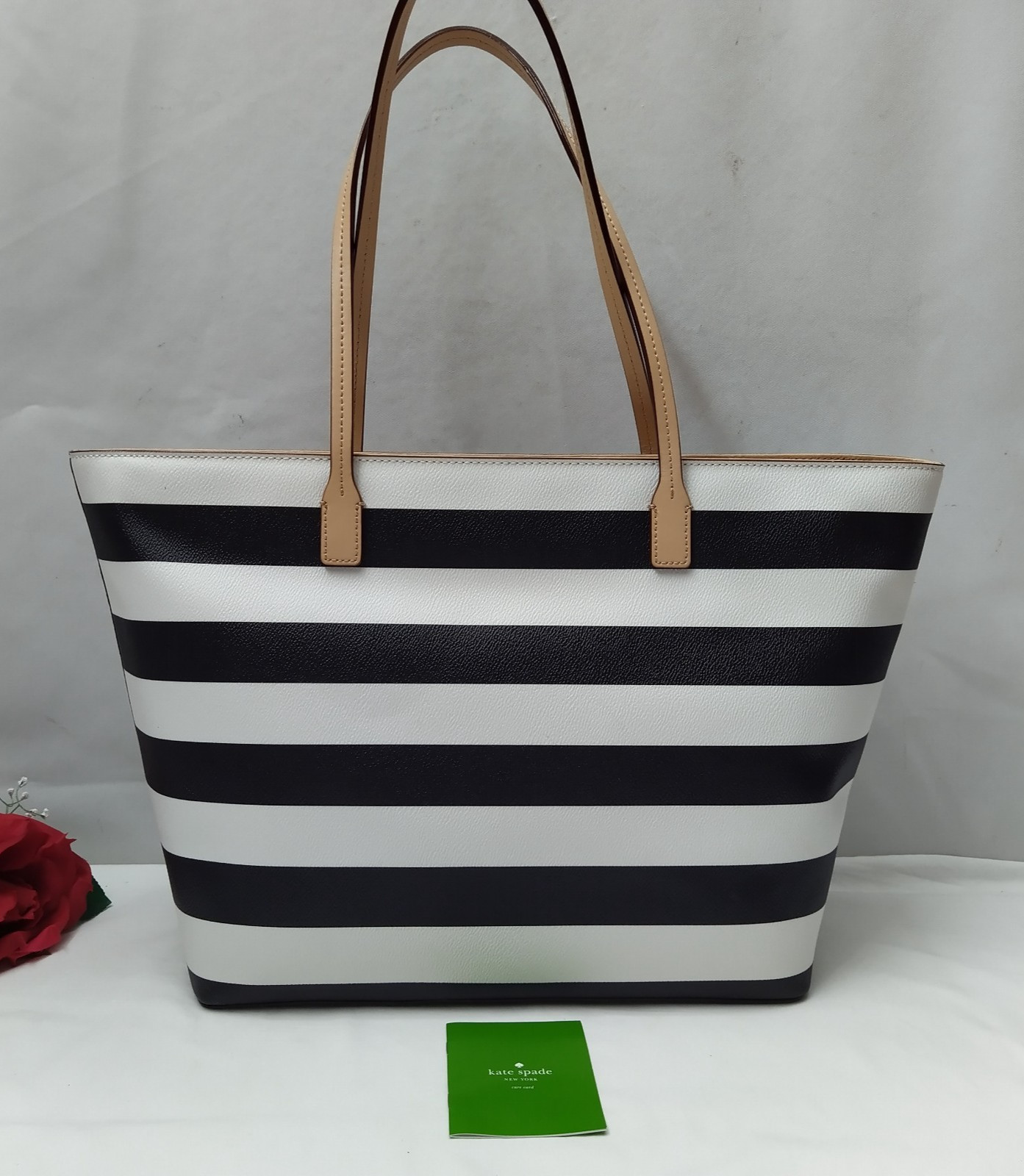 Kate Spade Black White Stripe Leather Double Handles Zipper Tote Bag thumbnail 2