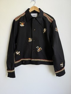 Brand New Bode Black Cropped Crochet Jacket Floral Wool Twill