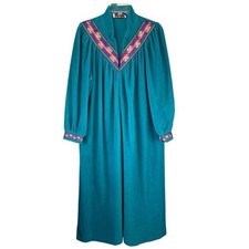 T2 VTG Vanity Fair Velour Zip Robe Teal Embroidered Long Sleeve Lounge Caftan