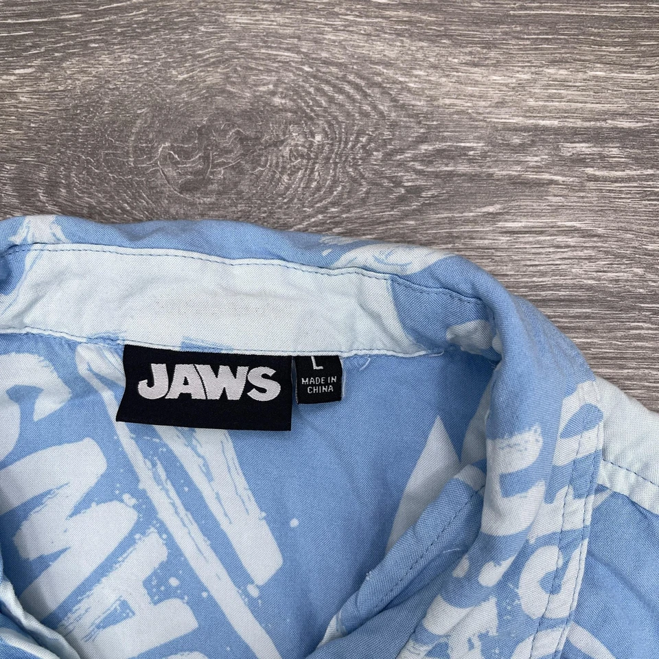 Jaws Shirt Mens Large Blue Button Up Rayon Hawaiian Beach Closed Shark Movie - Image 3 of 4