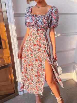 knee length dresses for ladies Sheena Square Neckline Side Split Midi Dress Ocean Blue