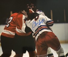 Glen SATHER Signed 8x10 Photo! NY RANGERS FIGHT PHOTO! NHL HOF!  W/COA