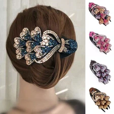 Women Shiny Peacock Rhinestone Flower Duckbill Hair Claws Clip Elegant Hairpin