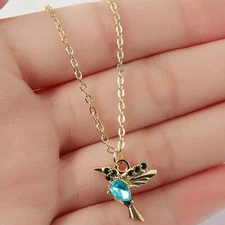 Colorful Blue Crystal Hummingbird Charm Pendant Necklace w/ Chain Bird Theme