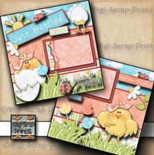 BABY GIRL  JUST HATCHED  2 premade scrapbook pages paper LAYOUT BY DIGISCRAP