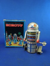 Retro Robot-7 Mechanical Walking Robot Tin Litho Wind Up Toy W/ Box