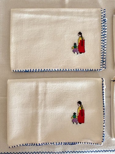 Embroidered Tablecloth & 8 Napkins w/ Scenes of Korean Women & Children – New! - Bild 2 von 19