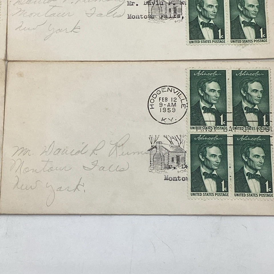 (4) US 1959 FDC Abraham Lincoln 1¢ Sesquicentennial Block of 4 Stamps - Image 2 of 4