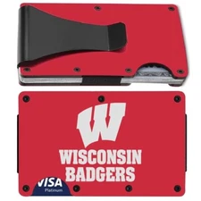 Wisconsin Badgers Engraved Titanium Red RFID Blocking Wallet w Clip D7