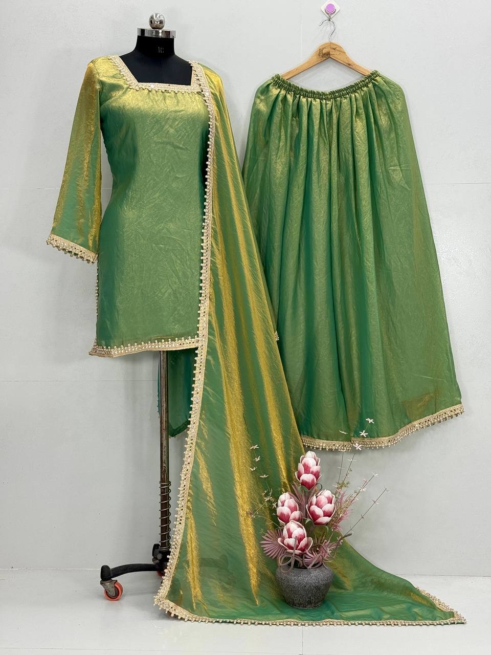 New Launching Heavy Fendy Silk Green Top Palazzo With Dupatta For Festival Wear thumbnail 3