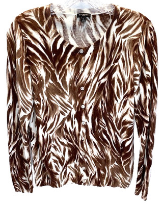 Talbots Women's Mp(Medium Petite) Charming Feathers Brown/Ivory Cardigan Sweater