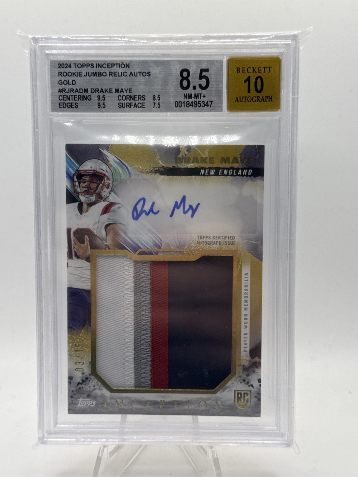 Drake Maye Topps Inception Rookie Jumbo Relic Autographs #RJRADM Gold