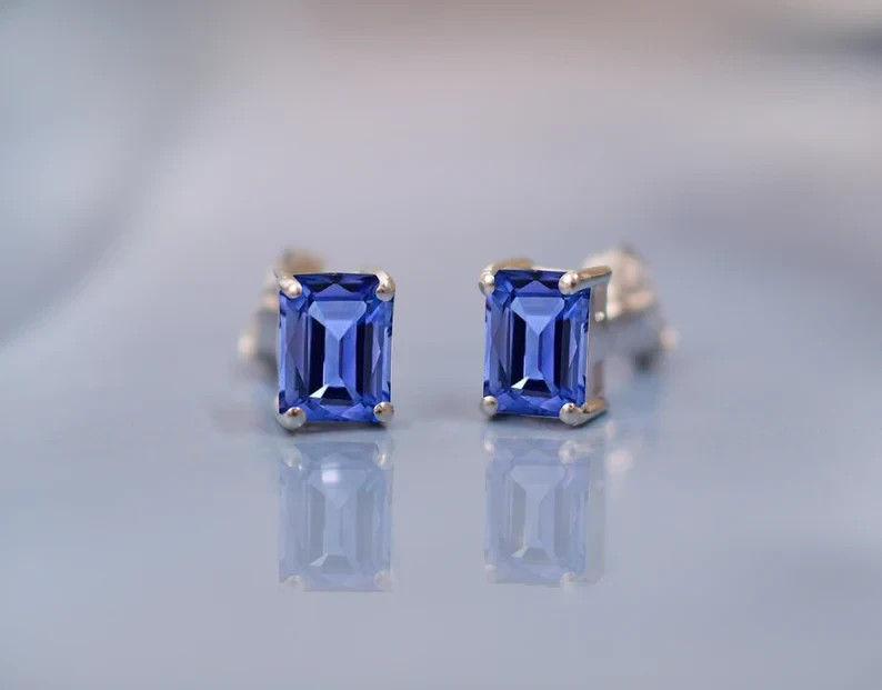 Tanzanite Rectangle Stud Gemstone 925 Sterling Si… - image 2