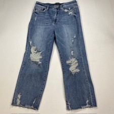 Judy Blue Straight Fit Distressed Jeans Medium Wash Raw Hem Blue Womens 9/29