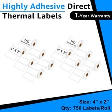 12 Rolls 750 Labels 4x2 Direct Thermal for Zebra LP 2824 2844 2442 Eltron ZP450