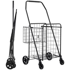Folding Shopping Cart with Dual Baskets, Waterproof Liner, Heavy Duty Laundry an