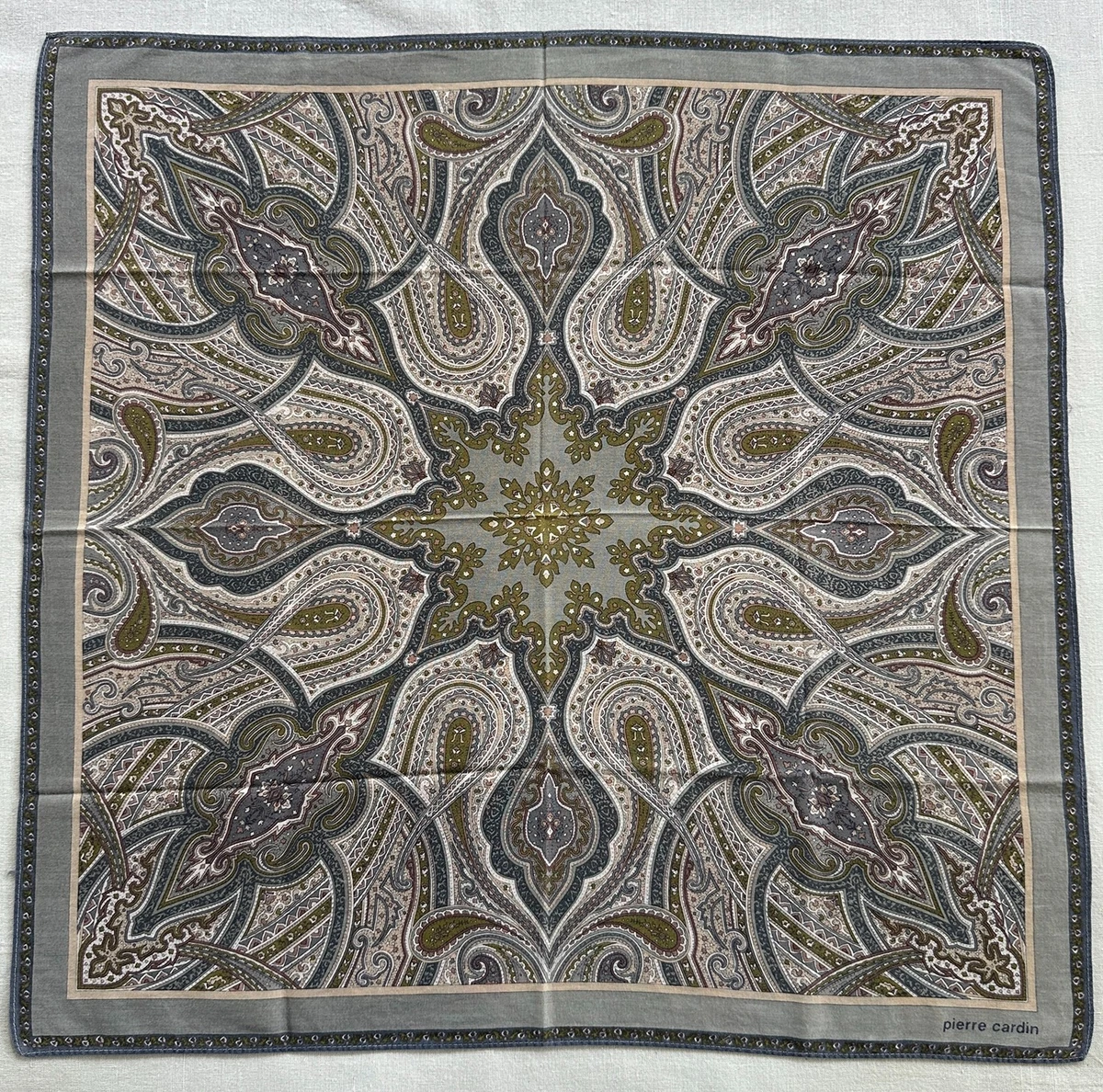 VTG Handkerchief Cotton Cream Green Elegant Damask Pattern Pocket Square 18"~Q