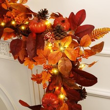 2 Packs 9ft Fall Garland with Lights, Autumn Leaves Garland with Realistic