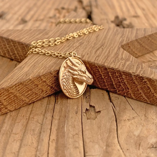 Alternate view of Dragon Head Pendant Gold Plated Oval Dnd Mythological Animal Fantasy Talisman