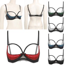 Women's Lace Push Up Shelf Bra Top Sheer 1/4 Cups Underwired Bralette Lingerie