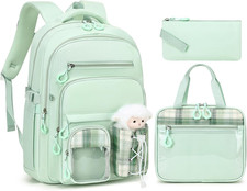 Girls Backpack for School with Lunch Box Pencil Case Set, 17 Inch Stylish Plai