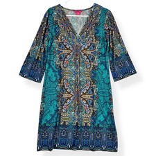 Sunny Leigh Dress Womens S Small Turquoise Multi Print Knee Length 3/4 Sleeves