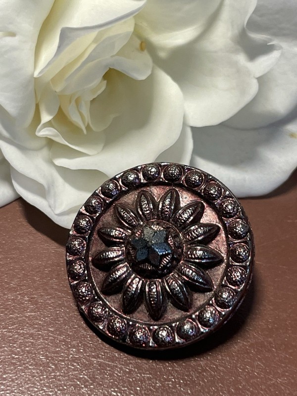 Antique Black Glass Floral Button With Luster 