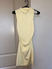 MIYIEONZ yellow dress, causal mock neck, sleevless, bodycon, ruched, mini dress