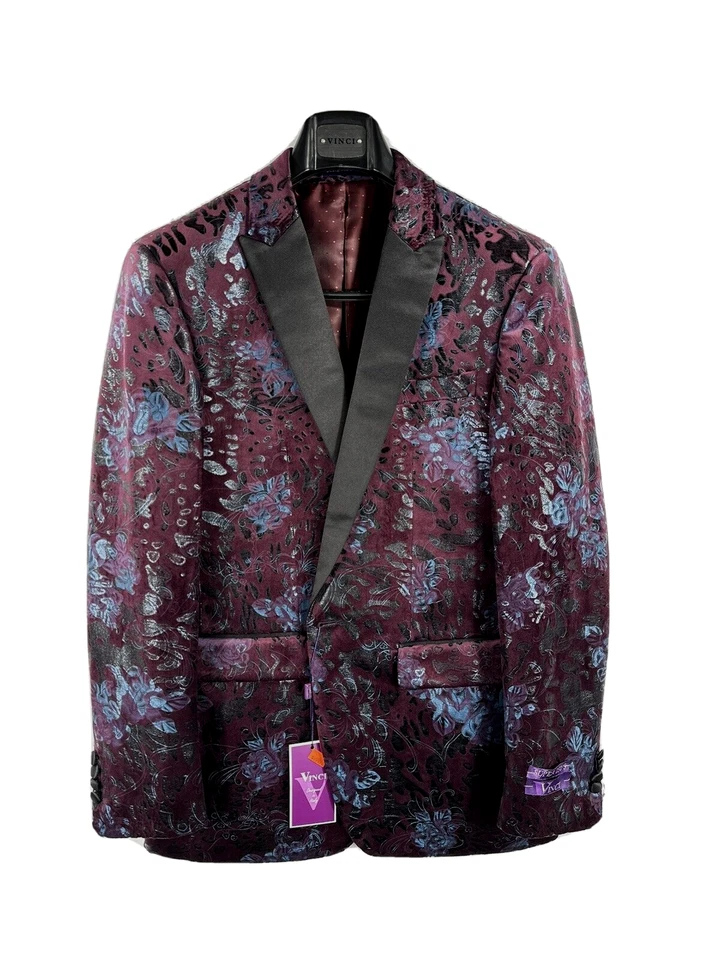 Vinci Men's Tuxedo Jacket Wine Velvet Blue Statin Black Lapel Slim Fit Size M - Image 2 of 3