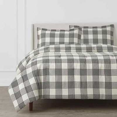 Adderley 3-Piece White and Black Plaid Cotton Blend Waffle Weave King Comforter