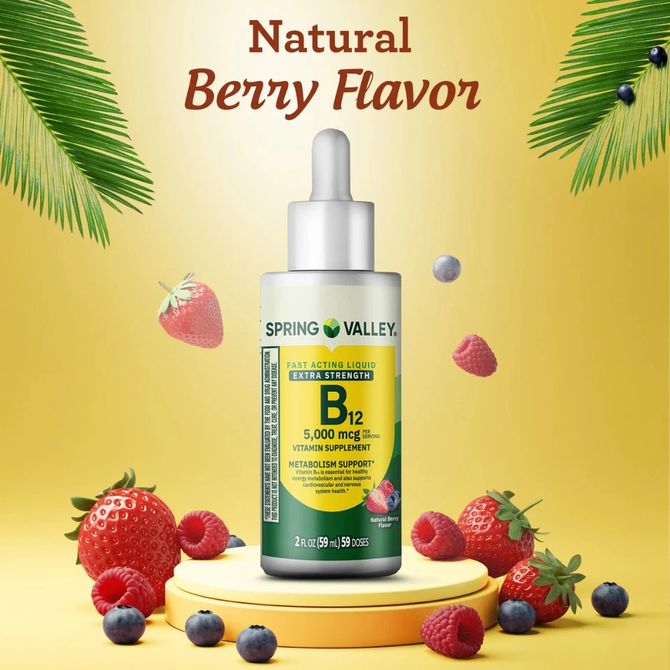 Жидкий витамин B12 Spring Valley, 5000 мкг, добавка для метаболизма, ягоды, 2 унции 2 упаковки - Изображение 3 из 4