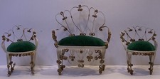 3Pc Scrolled Loveseat Rocking Chair Green Velvet Pin Cushions Handmade