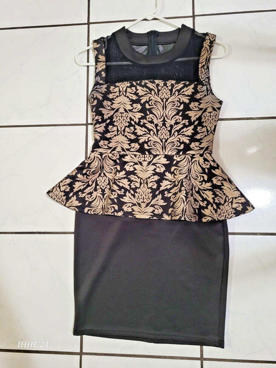 slim fit dress slacks Black Rayon Peplum Dress with Gold Sequins and Soutache (B-33