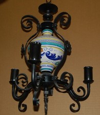 Antica Lanterna a 3 Luci in ferro battuto e ceramica Deruta 1950