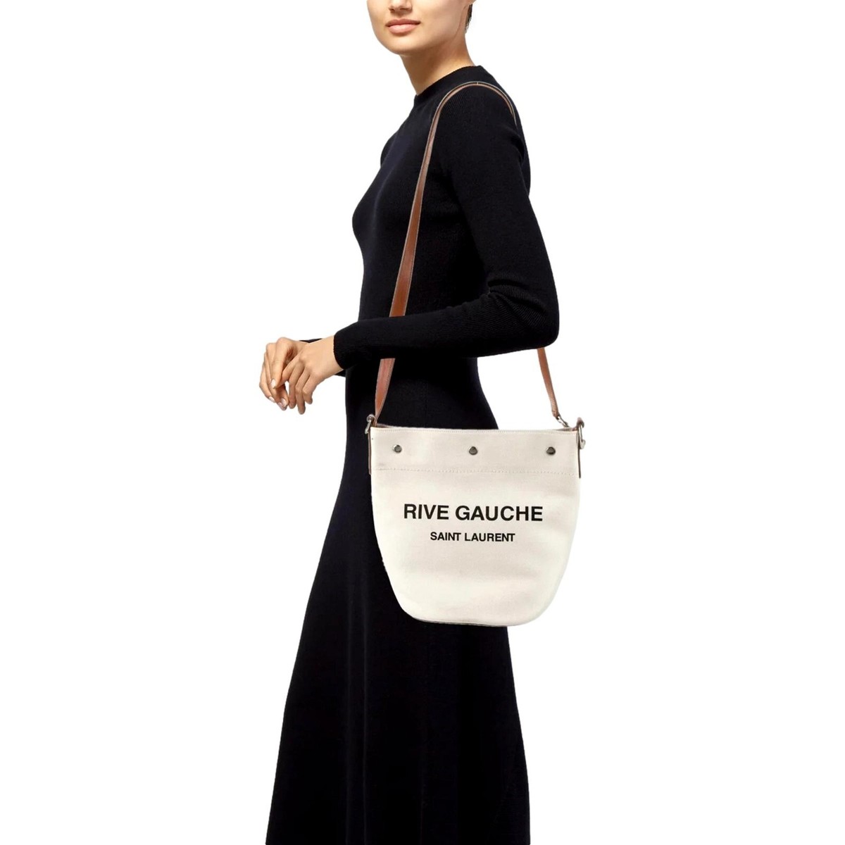 Saint Laurent Rive Gauche Brown Leather Trim Linen Bucket