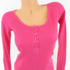 Jenni by Jennifer Moore Pink Knit Waffle Top Round Neck Gem Buttons Size XS