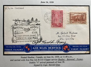 1939 Shediac Canada First Flight Airmail Cover To Dublin Ireland Pilot Signed
