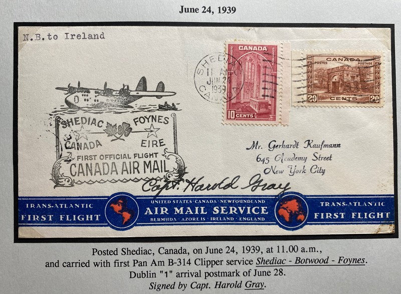 1939 Shediac Canada First Flight Airmail Cover To Dublin Ireland Pilot Signed
