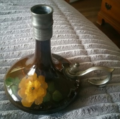 VINTAGE WELLER LOUWELSA STANDARD GLAZE ART POTTERY W/ PEWTER CANDLE STICK HOLDER